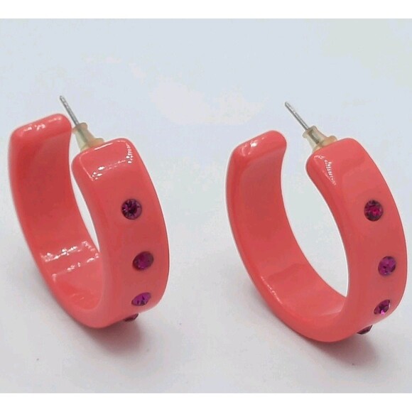 Unbranded Jewelry - Vintage 1980s Pink Fushia Chunky Acrylic Rhinestone C Hoop Lightweight Earrings